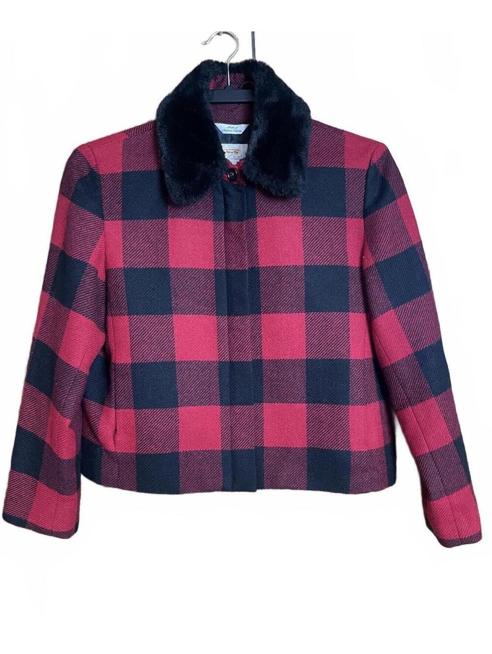 Talbots red & black buffalo plaid wool jacket removeable collar 4